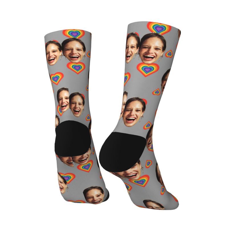 Customized Face Socks with Rainbow Hearts Valentine's Day Gifts for Couples
