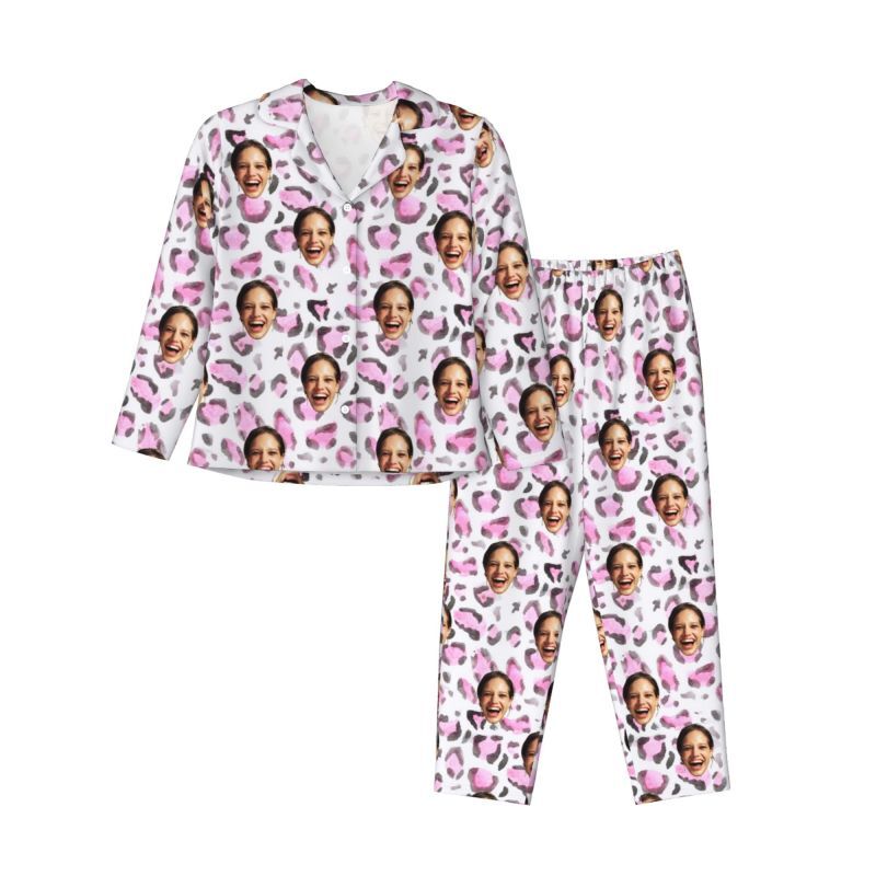 Personalized Pajamas Custom Photo Pinkish Purple Leopard Print Design Exquisite Gift for Her