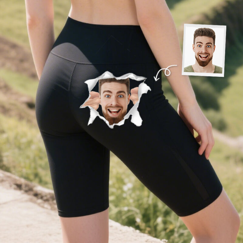 Personalized Biker Leggings Custom Head Photo Fun Crack Pattern Design Creative Gift for Her Lovers