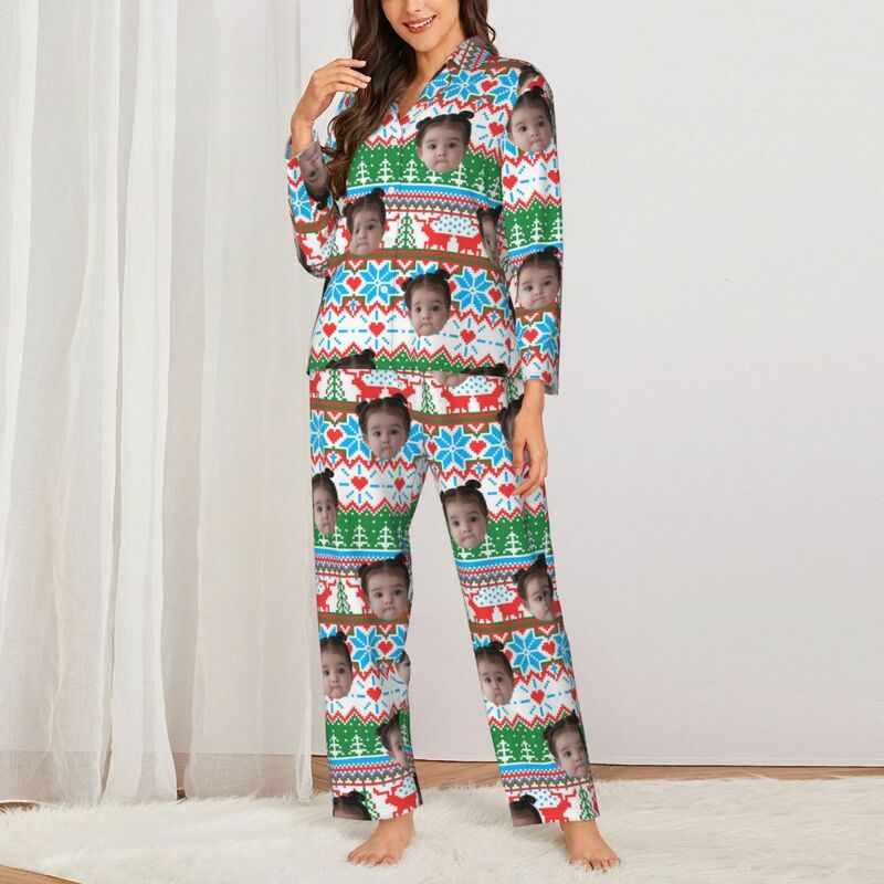 Personalized Pajamas Custom Photo Christmas Elements Bright Pixel Style Pattern Design Gift for Family