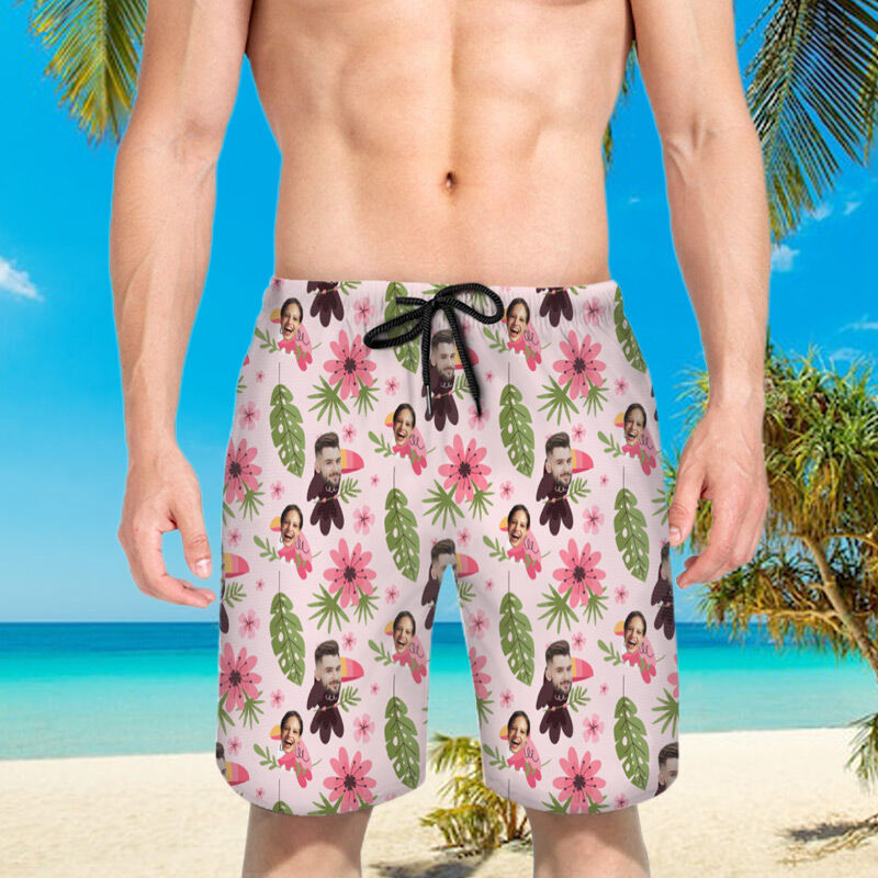 Personalized Picture Men's Beach Shorts with Pink Flowers Pattern Cute Gift for Family