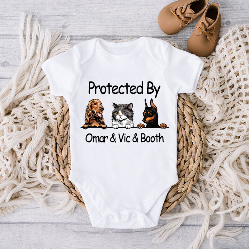 Personalized Baby Onesie Protected By Custom Dog and Cat Perfect Baby Shower Gift for Pet Lovers