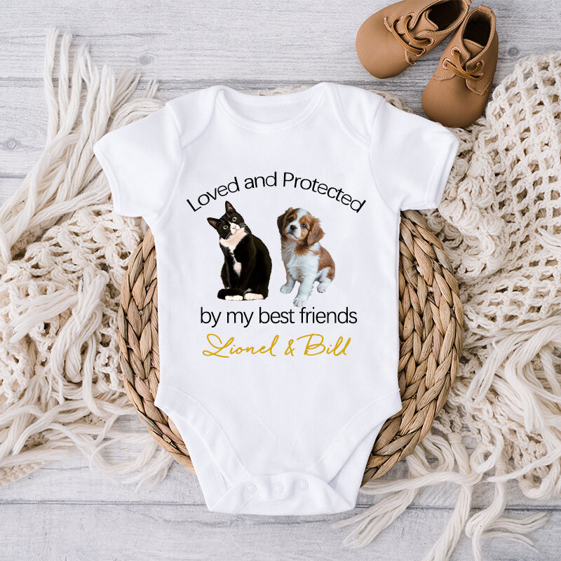 Personalized Baby Onesie Loved and Protected By My Best Friend Custom Pet Photo Great Baby Shower Gift