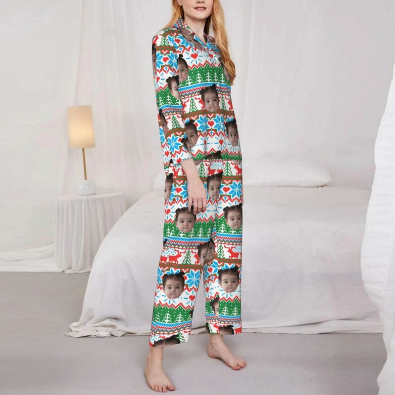 Personalized Pajamas Custom Photo Christmas Elements Bright Pixel Style Pattern Design Gift for Family