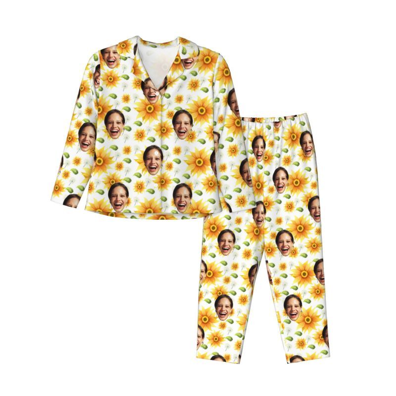 Personalized Pajamas Custom Photo Bright Sunflower Leaves Pattern Design Attractive Gift for Her