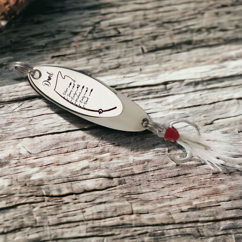 Leurre de pêche personnalisé avec motif de canne à pêche Nom de l'enfant personnalisé Cadeau de fête des pères pour papa