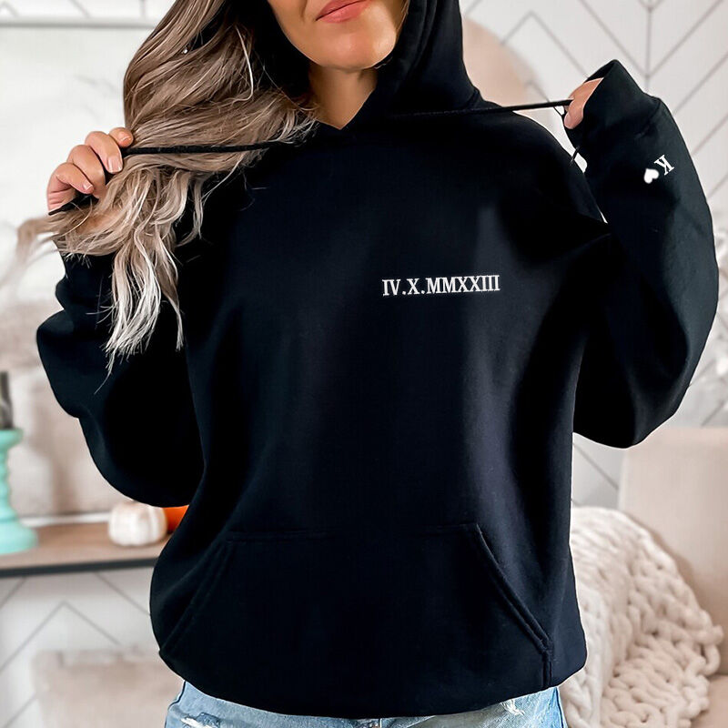 Personalized Hoodie Embroidered Lateral Roman Numeral Date and Initial Perfect for Couple's Anniversary