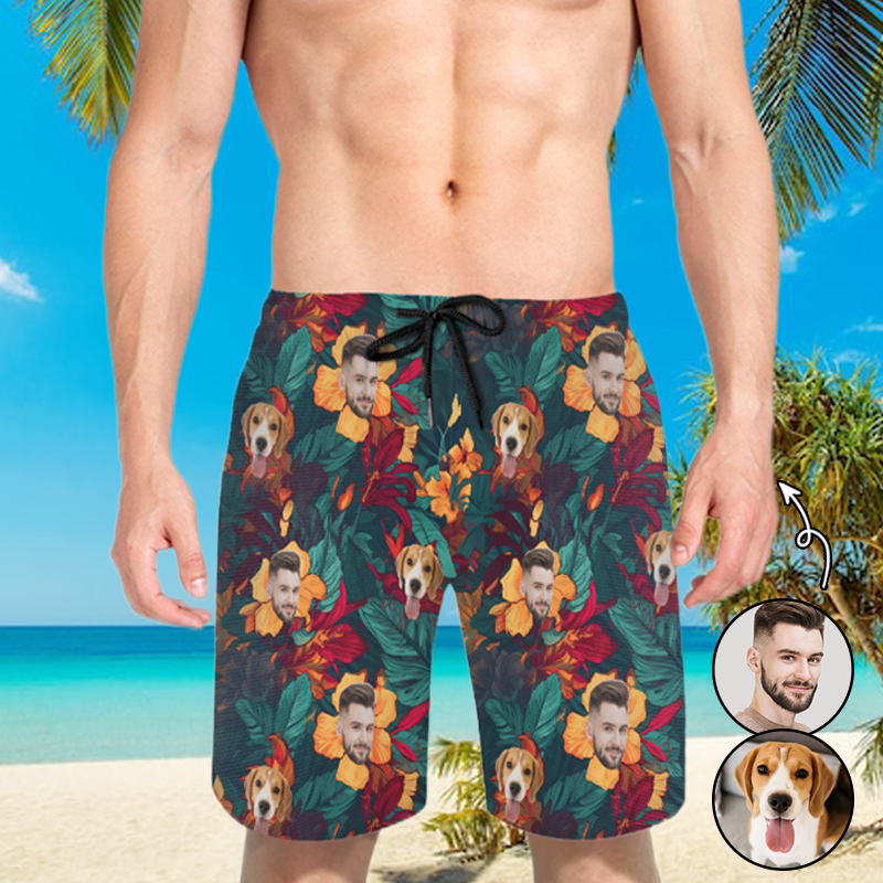 Personalized Picture Men's Beach Shorts with Orange Flowers Pattern Beautiful Gift for Family