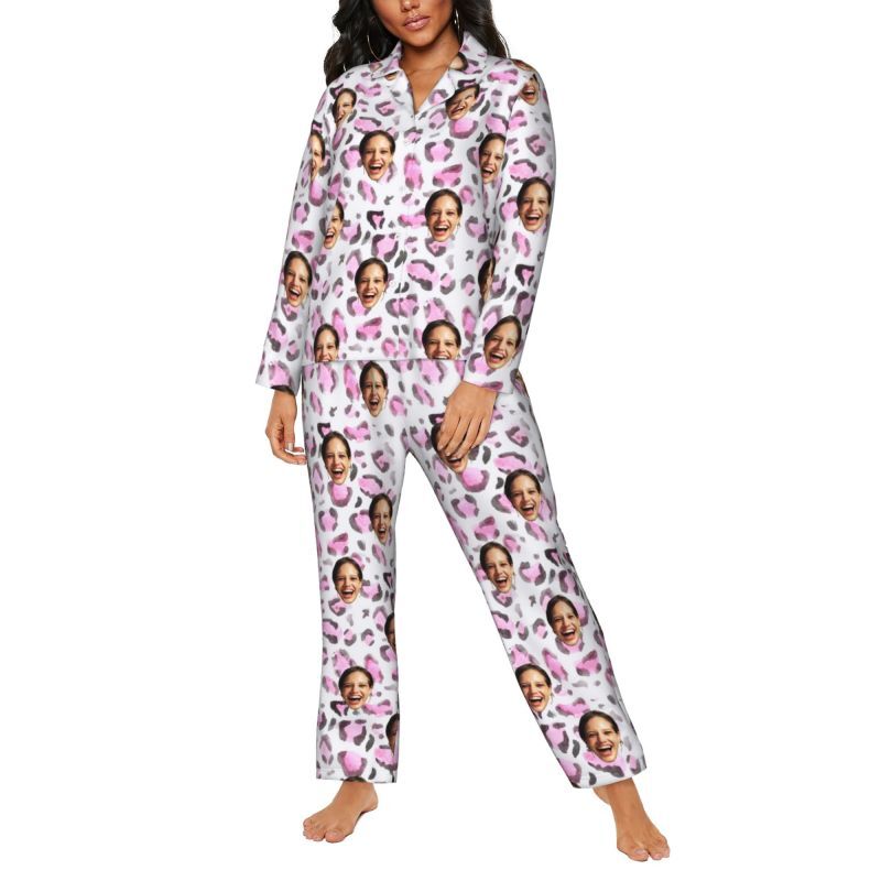 Personalized Pajamas Custom Photo Pinkish Purple Leopard Print Design Exquisite Gift for Her