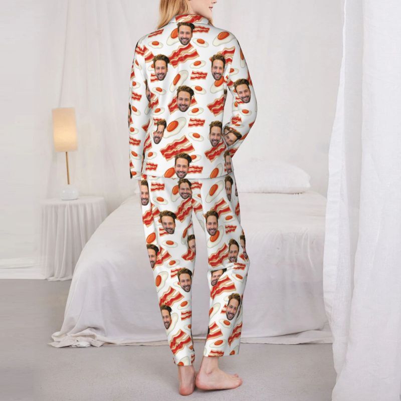 Personalized Pajamas Custom Photo Bacon Fried Eggs Cartoon Playful Design Funny Gift for Family