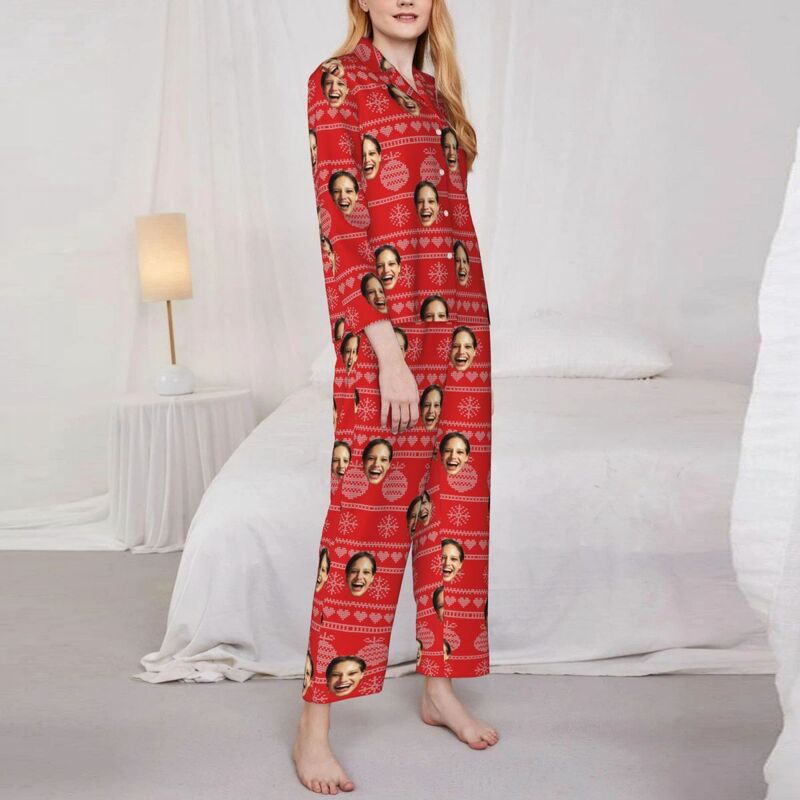 Personalized Pajamas Custom Photo Christmas Bell Icon Red Pixel Style Design Perfect Gift for Her
