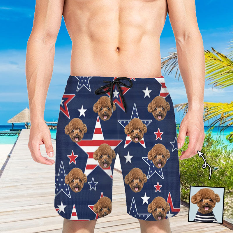 Personalized Picture Men's Beach Shorts with Flag Pattern Creative Gift for Friends