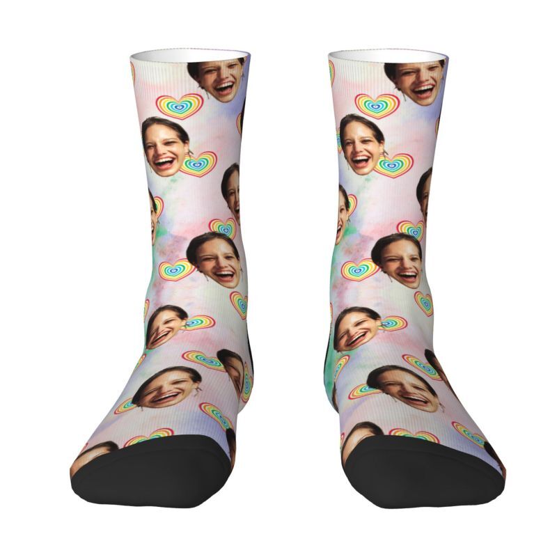 Personalized Face Socks Rainbow Gradient Color Socks for Anniversary Gift