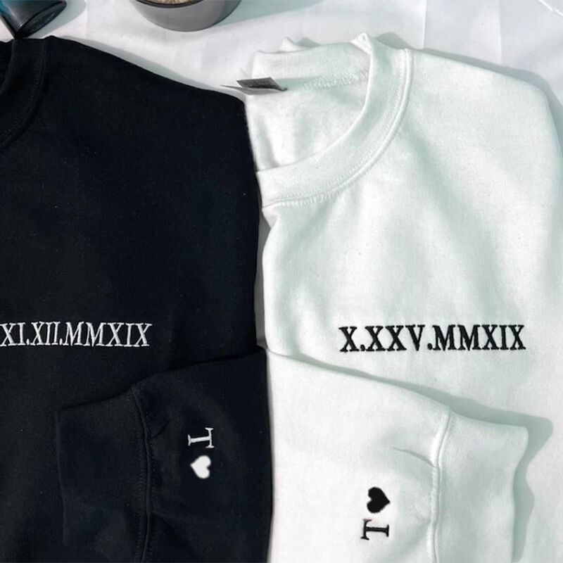 Personalized Sweatshirt Embroidered Lateral Roman Numeral Date and Initial Great Gift for Anniversary