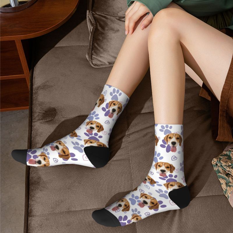 Personalized Face Socks with Cute Purple Dog Paw Prints to Add Pet Photos