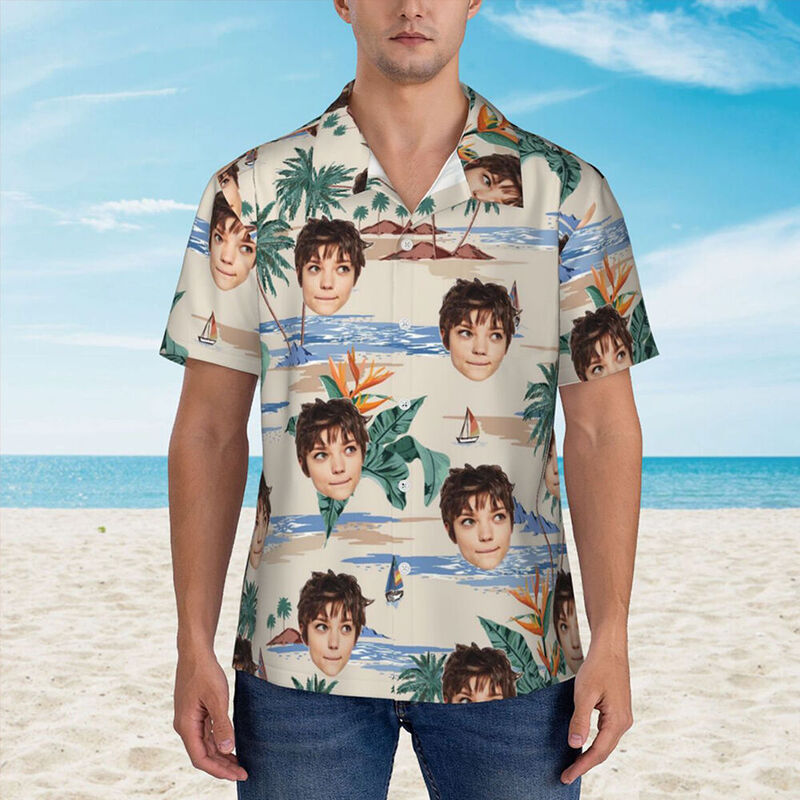 Chemise hawaïenne personnalisée avec photo portrait pour couple Look vacances Cadeau pour votre petit ami