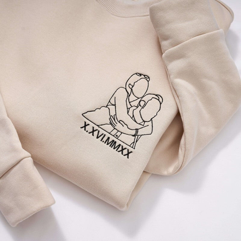 Personalized Sweatshirt Custom Embroidered Couple Line Photo and Roman Numeral Date Gift for Lover