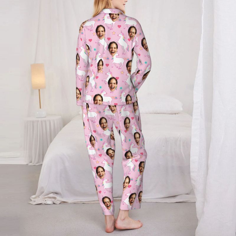 Personalized Pajamas Custom Photo Rainbow Unicorn Pink Pattern Design Adorable Gift for Her