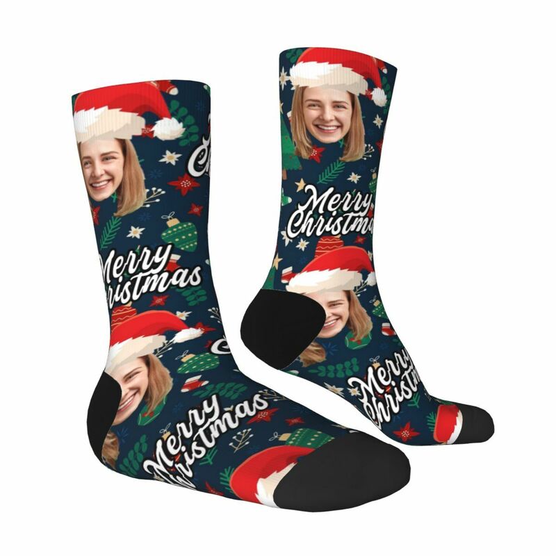 Personalized Face Socks with Santa Hat and Decorative Pattern for Christmas