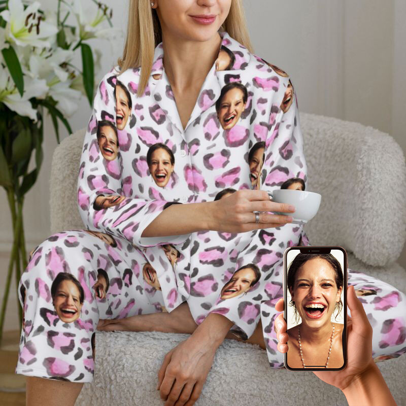 Personalized Pajamas Custom Photo Pinkish Purple Leopard Print Design Exquisite Gift for Her