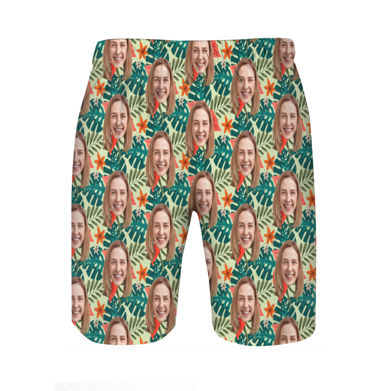 Personalized Picture Men's Beach Shorts with Leaves Pattern Simple Present for Family