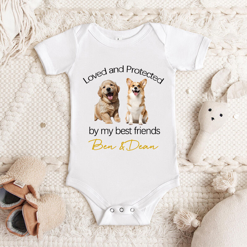Personalized Baby Onesie Loved and Protected By My Best Friend Custom Pet Photo Great Baby Shower Gift